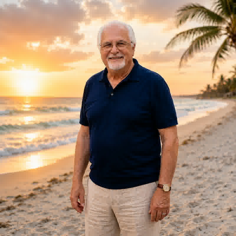 Mark Helmintoller, a smiling silver-haired licensed insurance agent in a navy polo shirt, standing on a beach at sunset with palm trees and gentle waves behind him